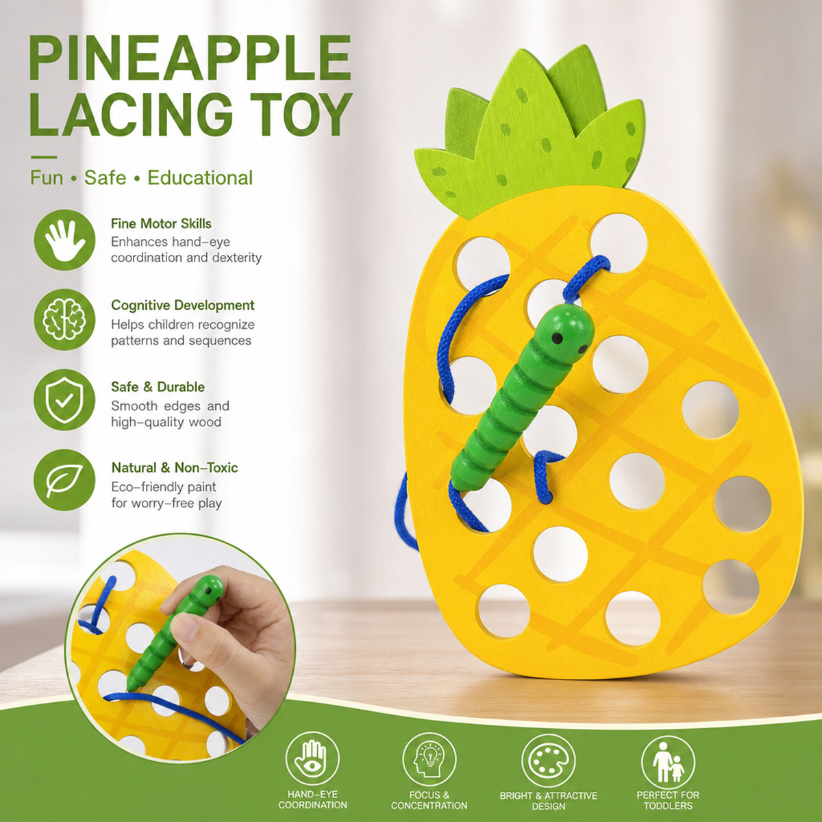 Baby Food Game - Wooden Lacing Pineapple Threading Toys Puzzle